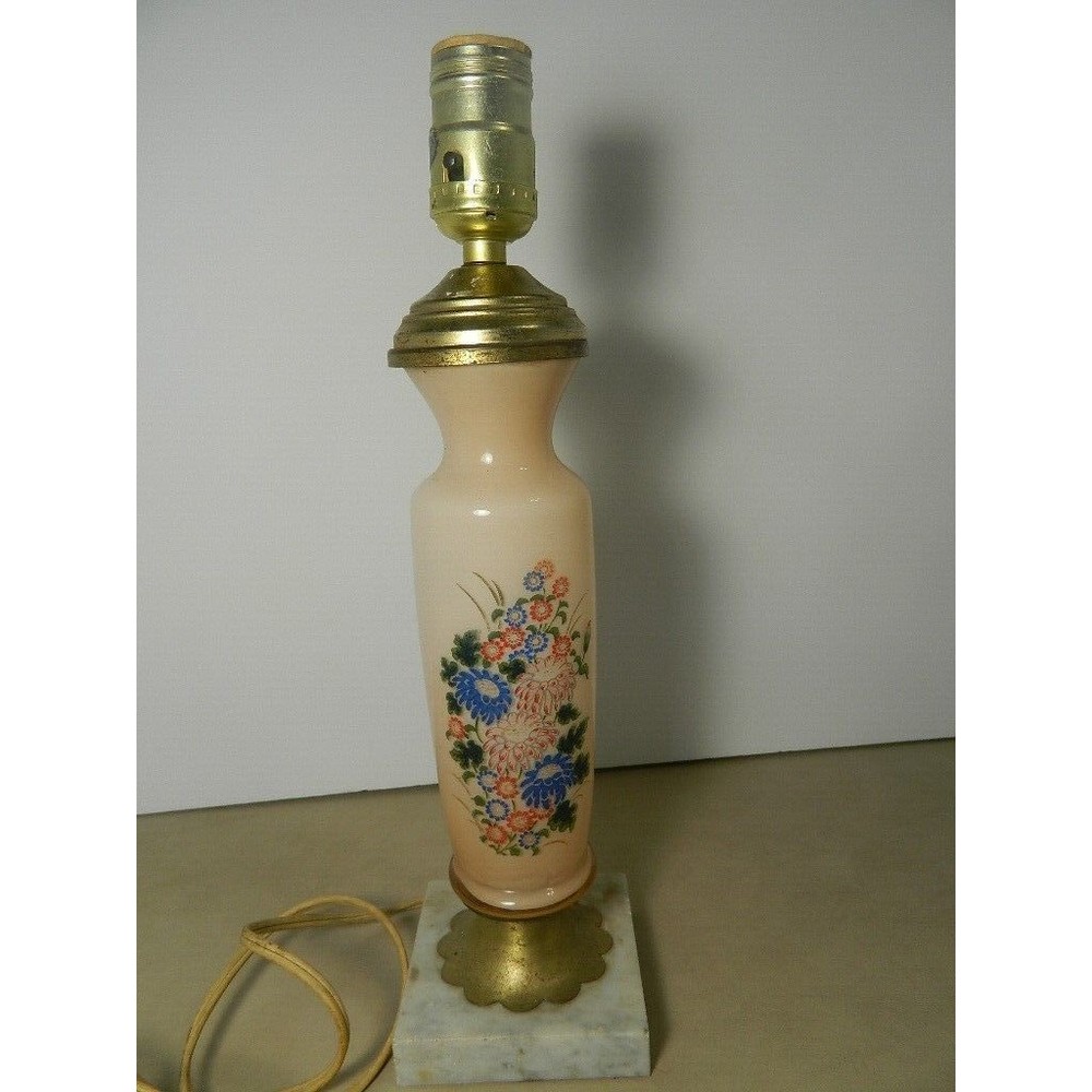 BRISTOL GLASS BOUDOIR LAMP PINK OPALINE FLORAL MARBLE BASE 1920s ANTIQUE